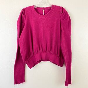 Free People Size Medium Fuchsia Pink Terry Cloth Scoop Neck Full Sleeve Sweater